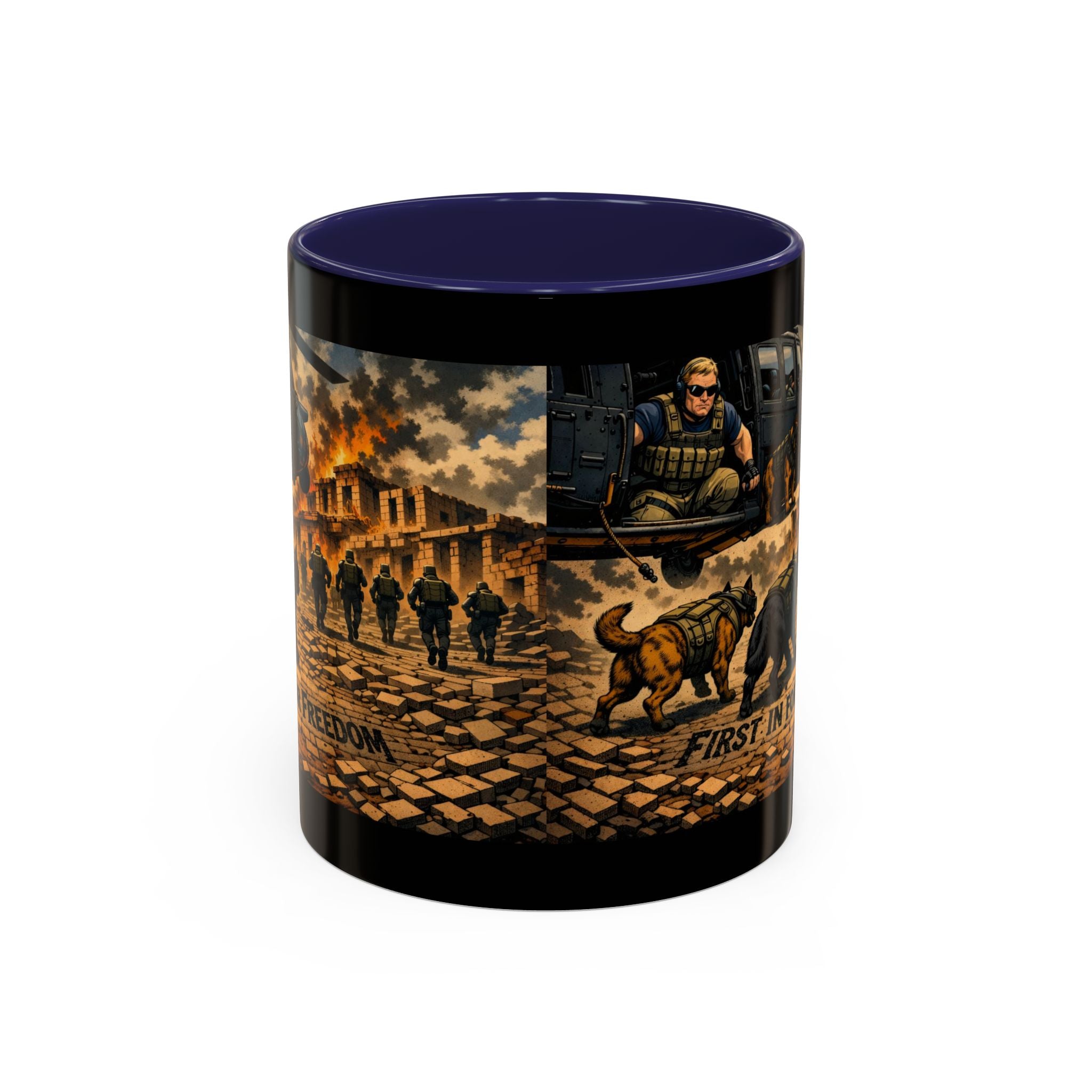 Military K9 Coffee Mug — 'First In for Freedom' Accent Ceramic Mug