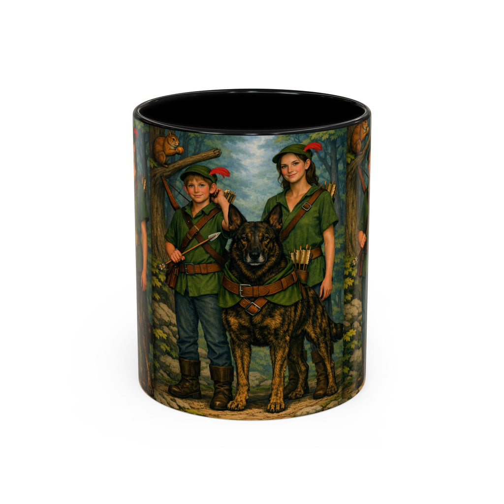Robin Hood Duo &  Dutch Shepherd Dog Coffee Mug – Fantasy Archer Duo Illustration, Gift for Adventure Fans