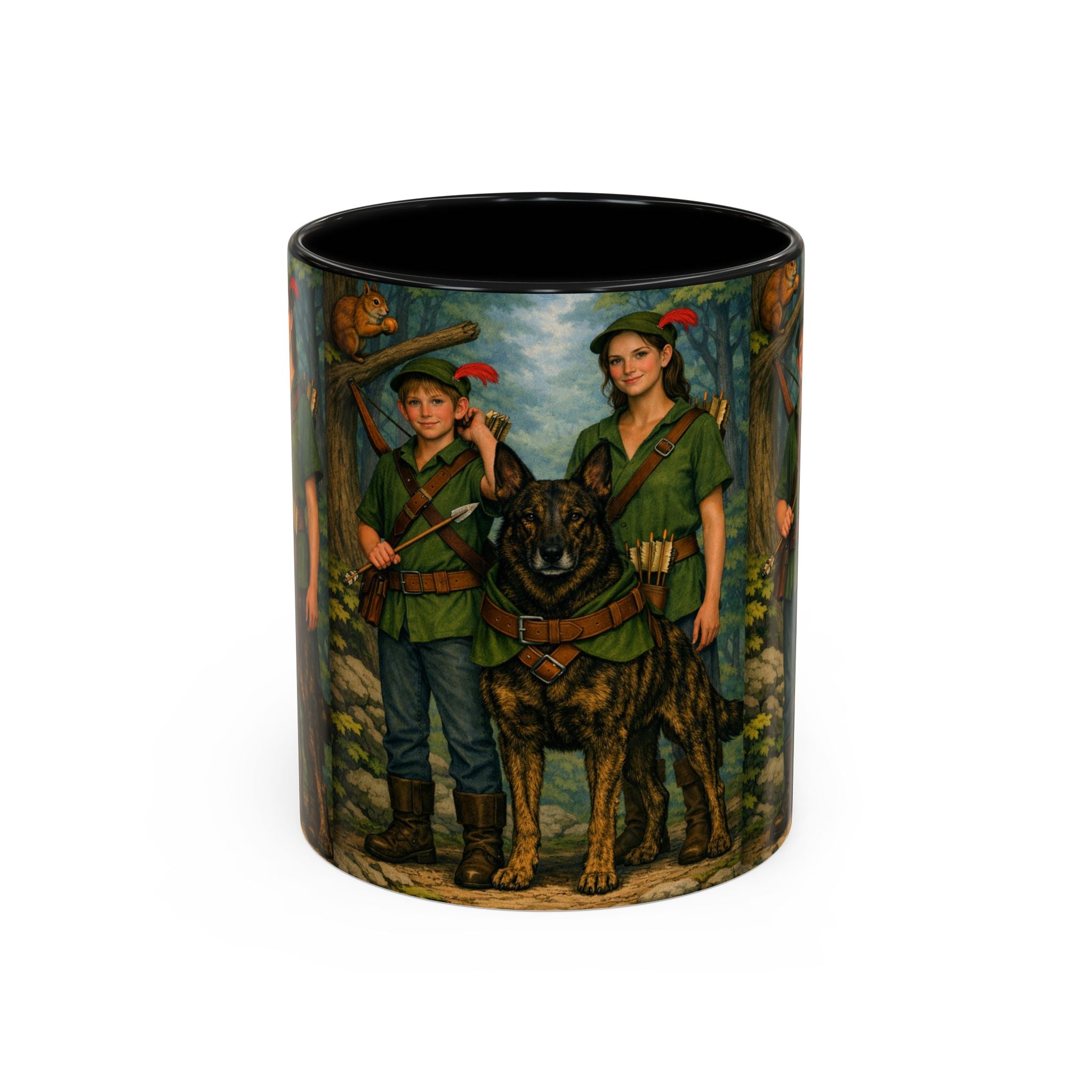 Robin Hood Duo &  Dutch Shepherd Dog Coffee Mug – Fantasy Archer Duo Illustration, Gift for Adventure Fans
