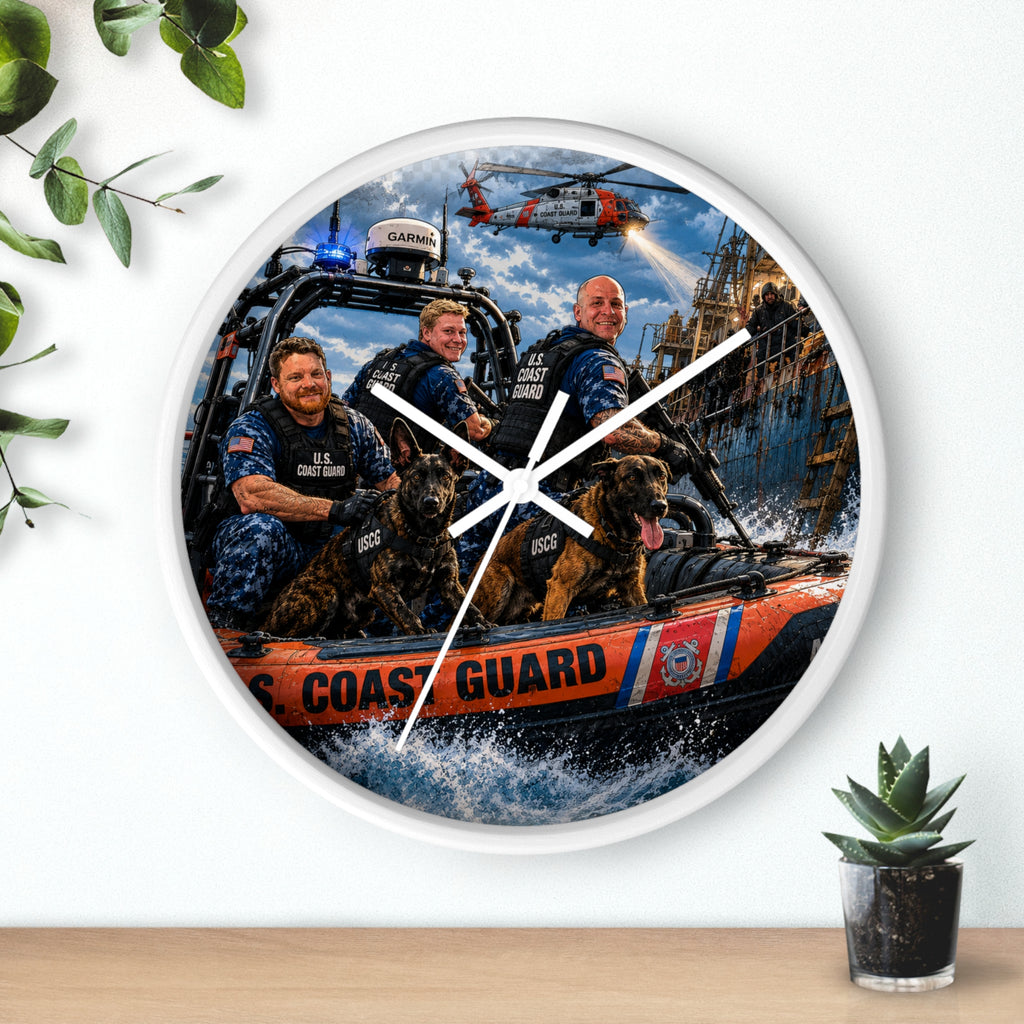 U.S. Coast Guard Rescue Team Wall Clock — Patriotic Military Rescue Boat Design
