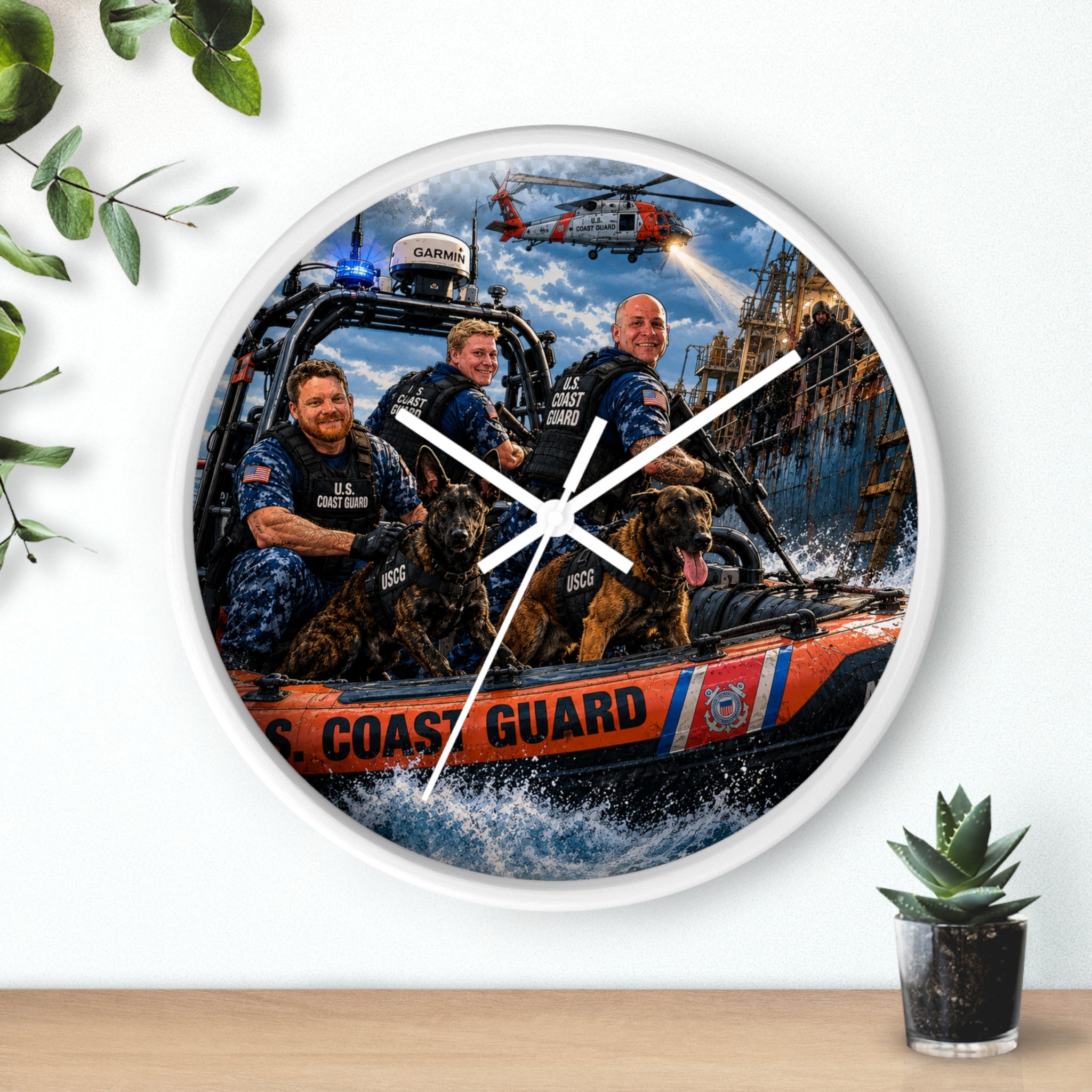 U.S. Coast Guard Rescue Team Wall Clock — Patriotic Military Rescue Boat Design
