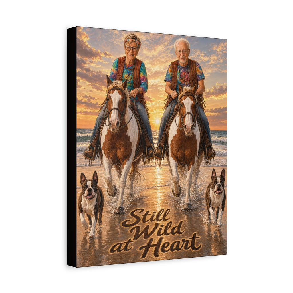 Still Wild at Heart Canvas Wall Art – Elder Couple Riding Horses on Beach