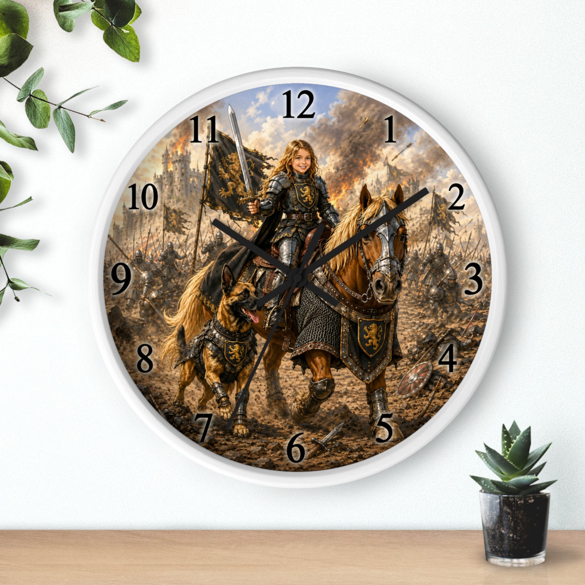 Medieval Knight Wall Clock — Fantasy Horseback Girl Warrior Battle Scene