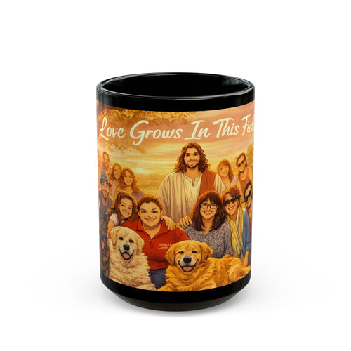 Christian Family Love Mug — "Love Grows In This Field" Black Coffee Cup (11oz/15oz)
