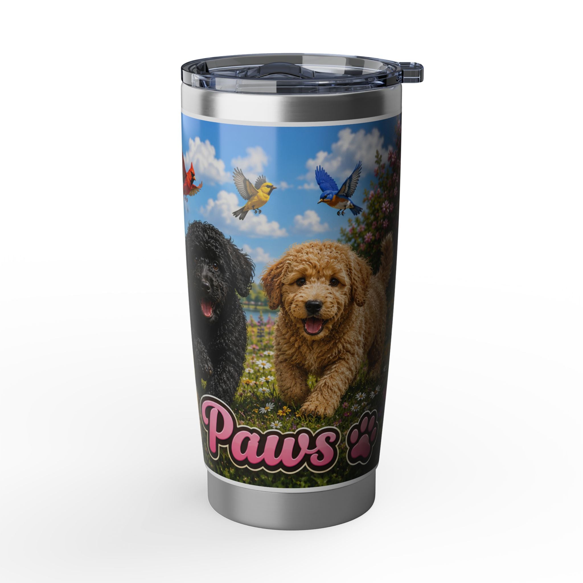 Playful Doodle 20oz Travel Tumbler — Dog Lover Insulated Cup with Scenic Paw Print Design