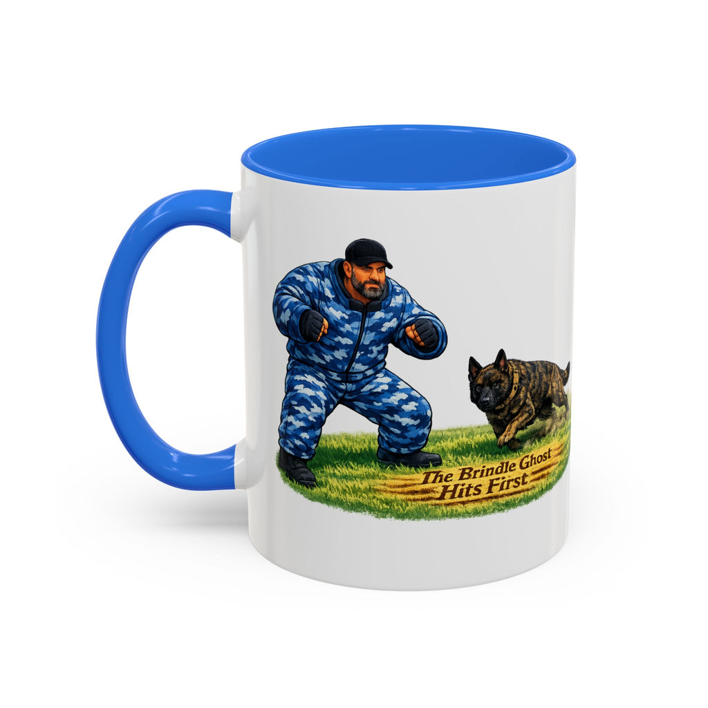 K9 Protection Trainer Mug — “The Brindle Ghost Hits First” Color Accent Coffee Cup (11oz/15oz)