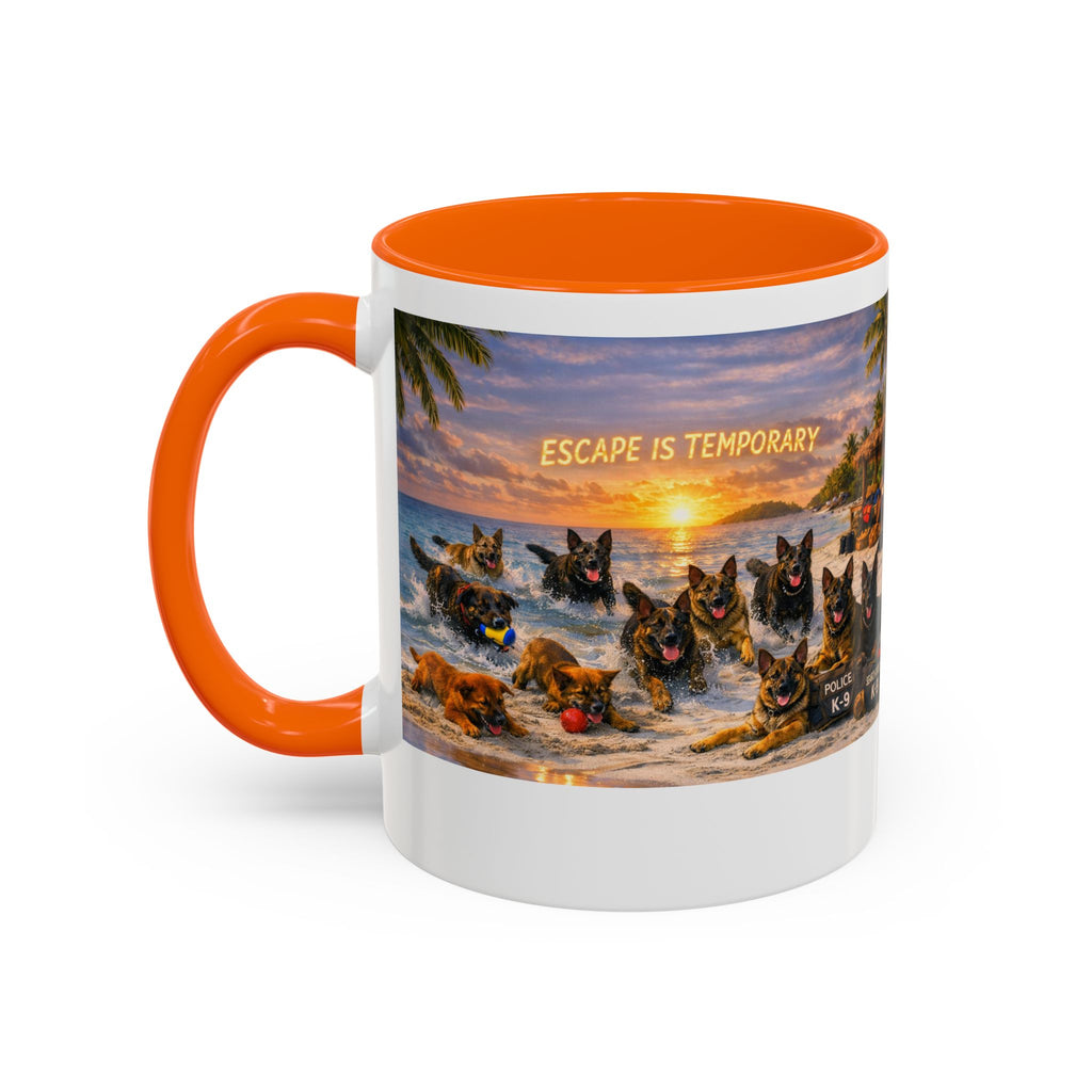 Dutch Shepherd Beach Coffee Mug — "Escape Is Temporary" Accent Mug (11/15oz)