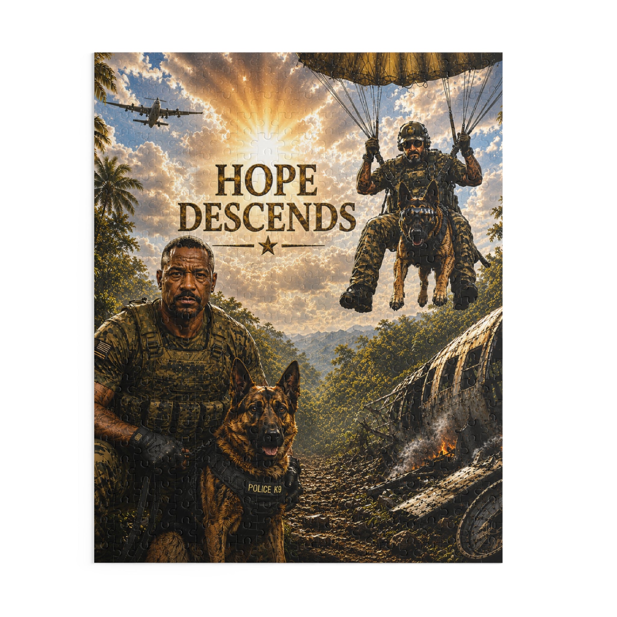Hope Descends Military Puzzle — Soldier & K9 Paratrooper 120/252/500-Piece