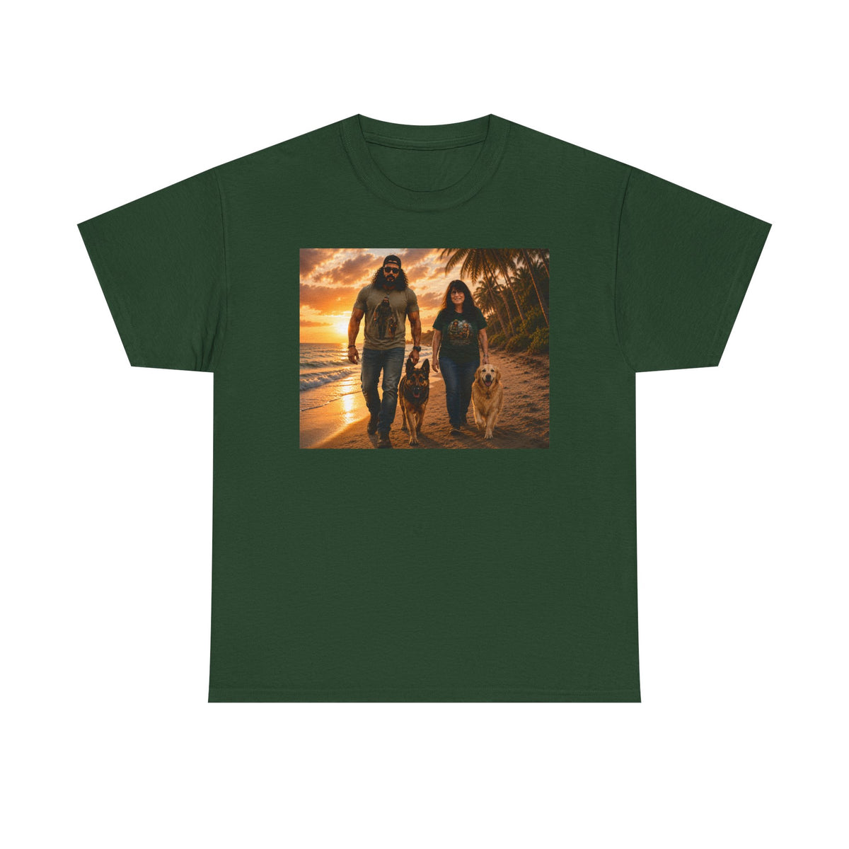 Family Beach Walk Graphic Tee — Couple with Dogs Sunset Shirt