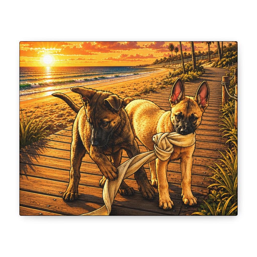 Malinois Puppies Playing on Sunset Beach Canvas