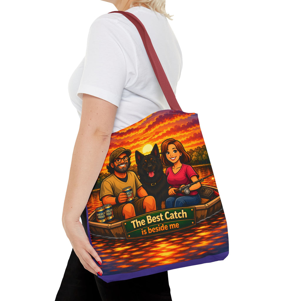 Tote Bag — "The Best Catch Is Beside Me" Fishing Couple & Dog Sunset Tote
