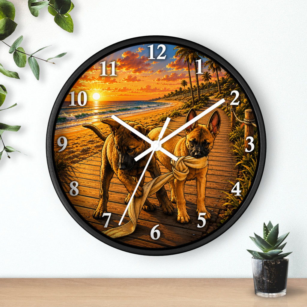 Beach Sunset Malinois K-9 Wall Clock — Cute Puppies Coastal Decor