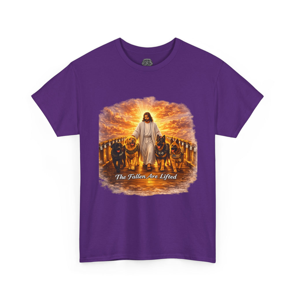 Jesus with Dogs T-Shirt — "The Fallen Are Lifted" Christian Faith Tee