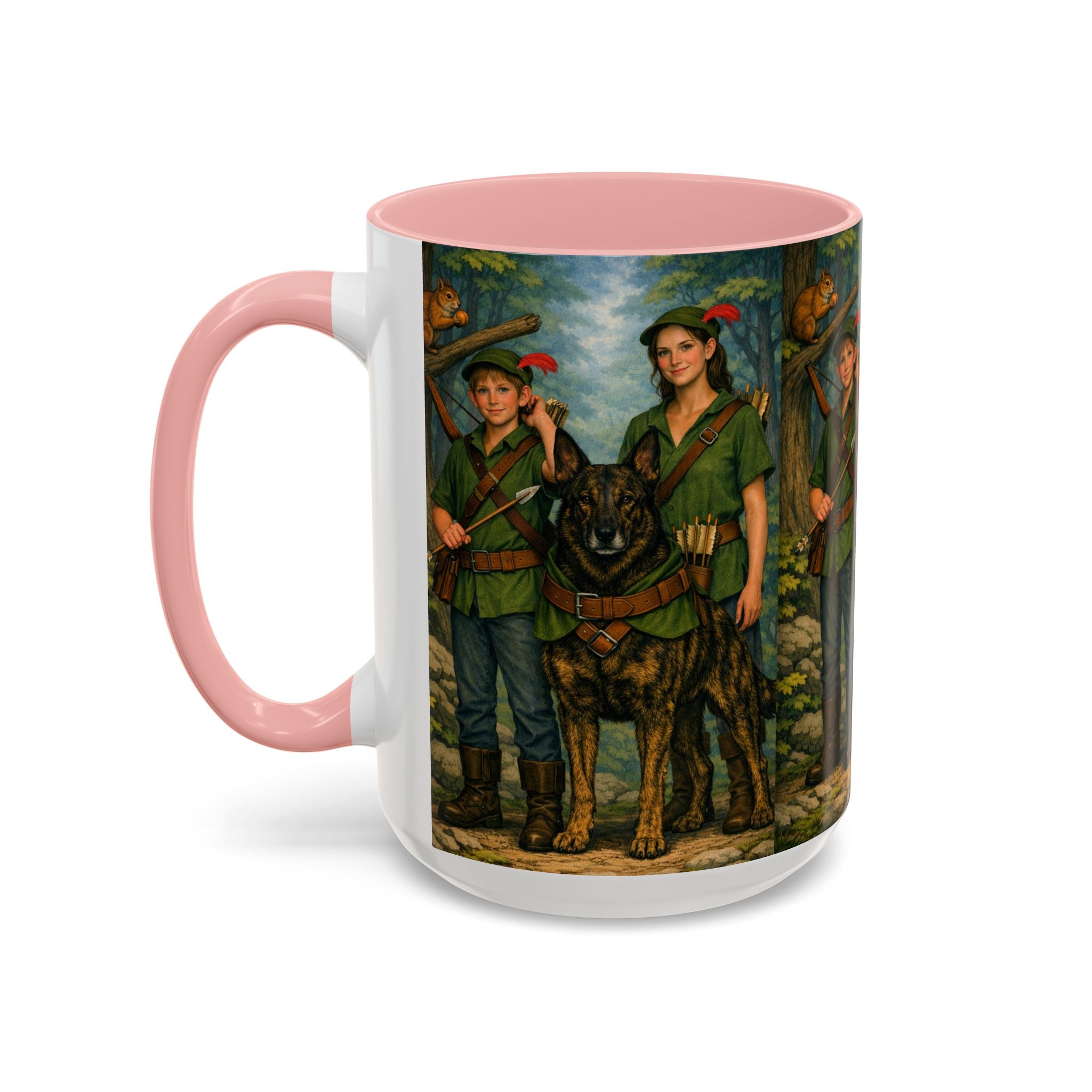 Robin Hood Duo &  Dutch Shepherd Dog Coffee Mug – Fantasy Archer Duo Illustration, Gift for Adventure Fans