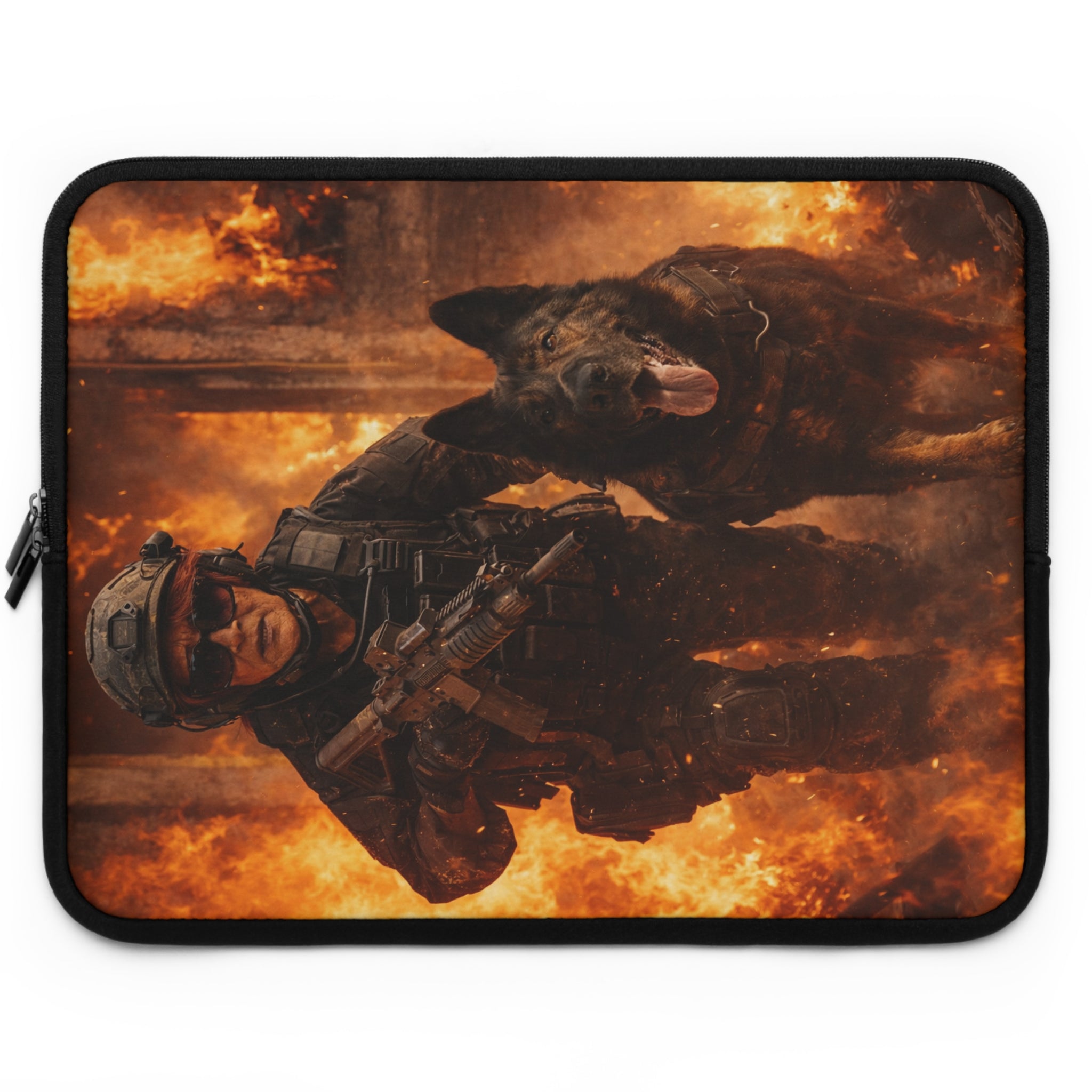 Tactical Soldier & K9 Laptop Sleeve — Military Action Firestorm Design