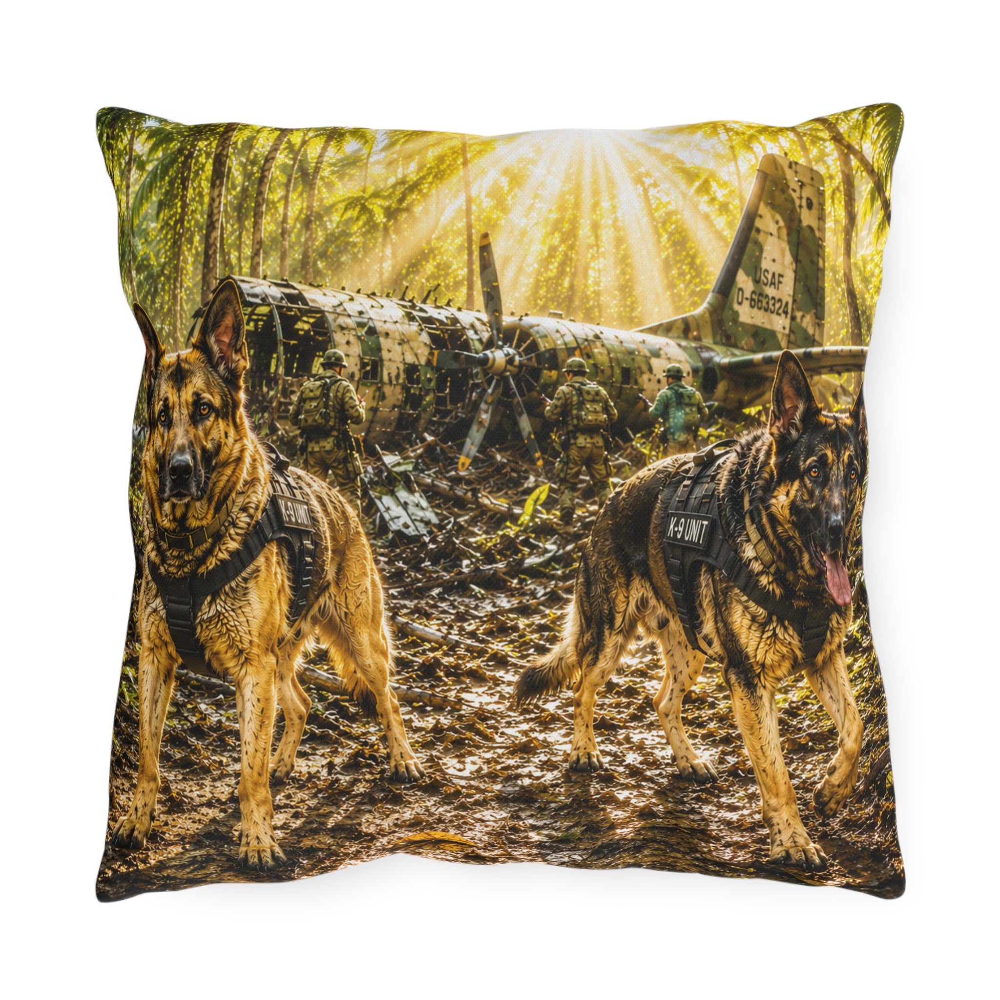 K-9 German Shepherds in Forest Sunlight Outdoor Pillow — K9 Dog Plane Rescue  Decor