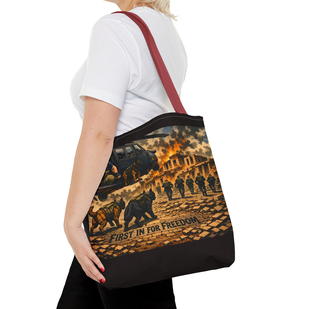 Tote Bag — "First In For Freedom" Military Scene Tote