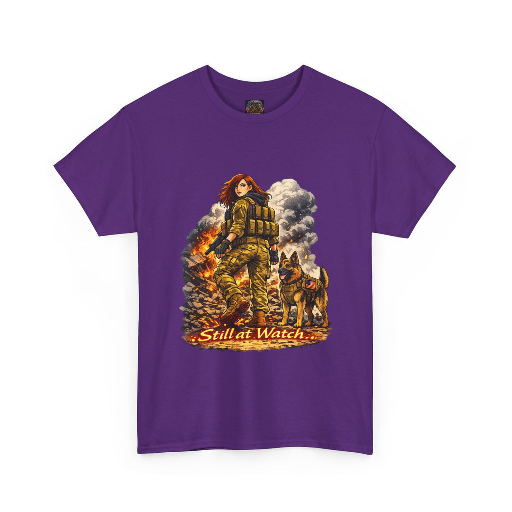 T-Shirt — "Still at Watch" Military Woman & K9 Fire Scene Graphic Tee