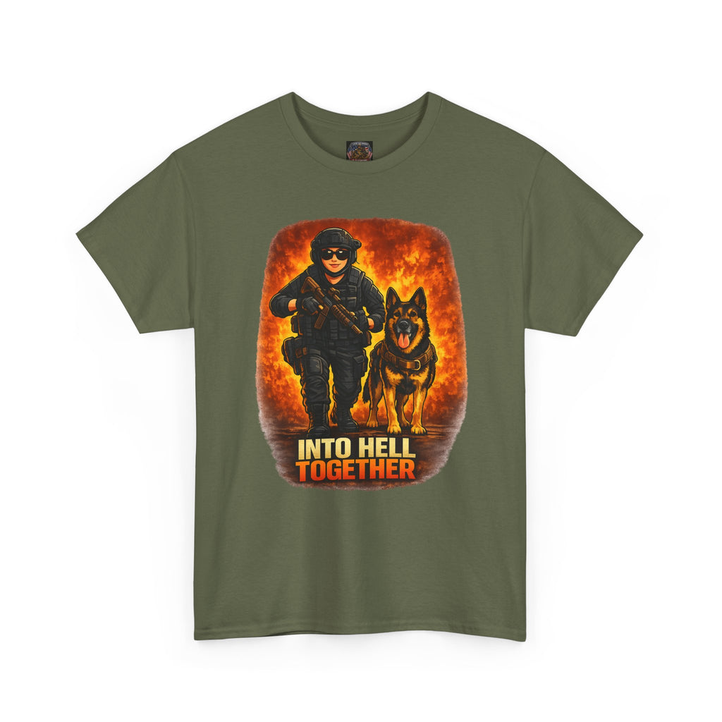 T-Shirt — "Into Hell Together" Firefighter & K9 Rescue Graphic Tee
