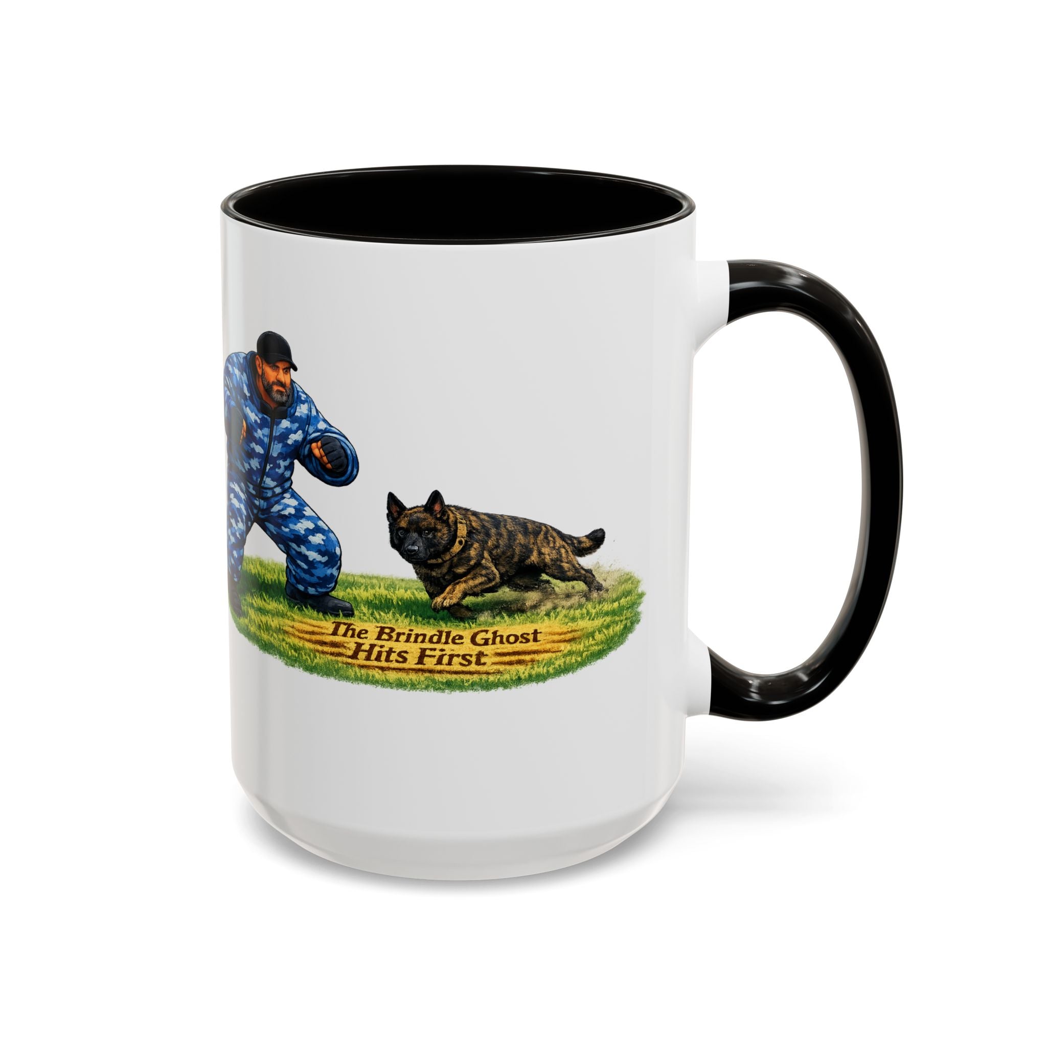 K9 Protection Trainer Mug — “The Brindle Ghost Hits First” Color Accent Coffee Cup (11oz/15oz)