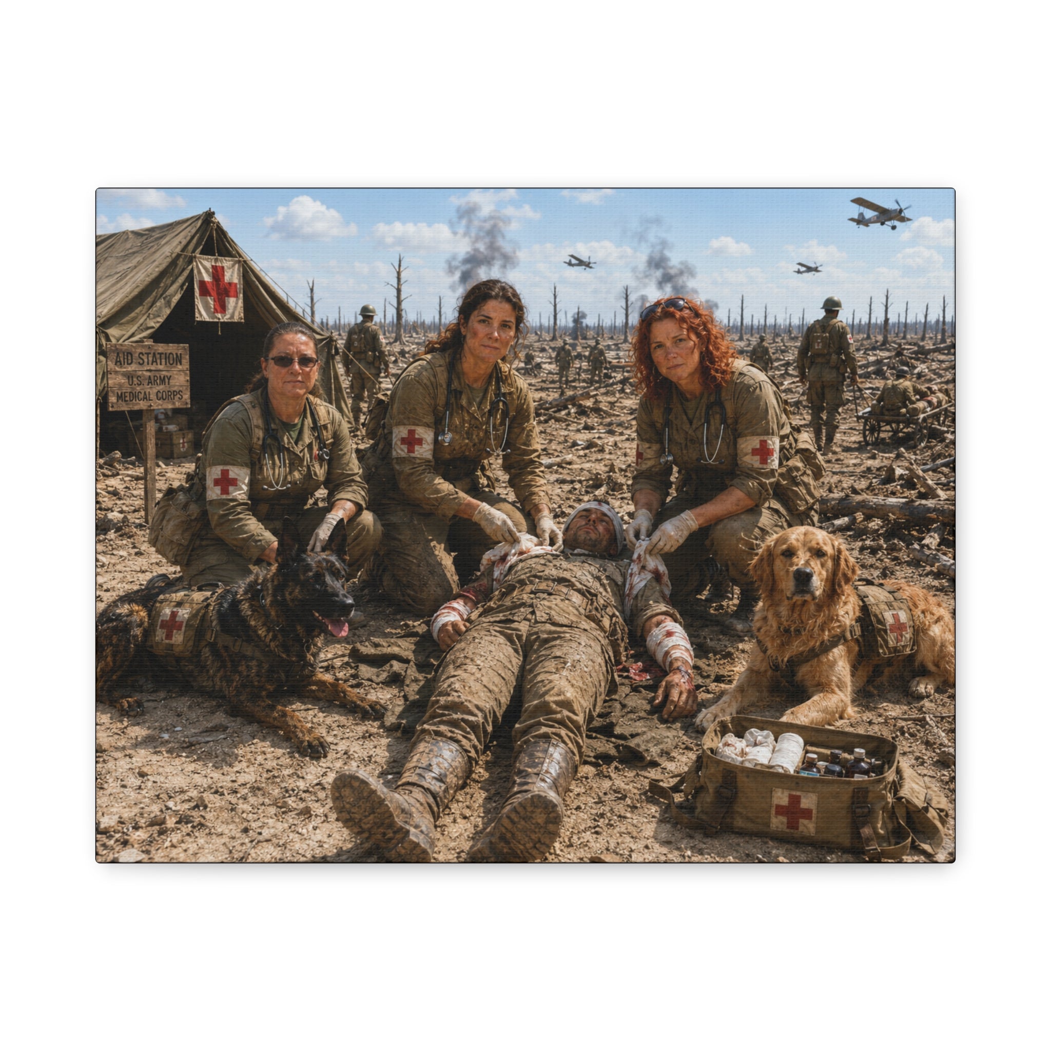 Military Medic Canvas Print — WWII Battlefield Nurses with Service Dogs