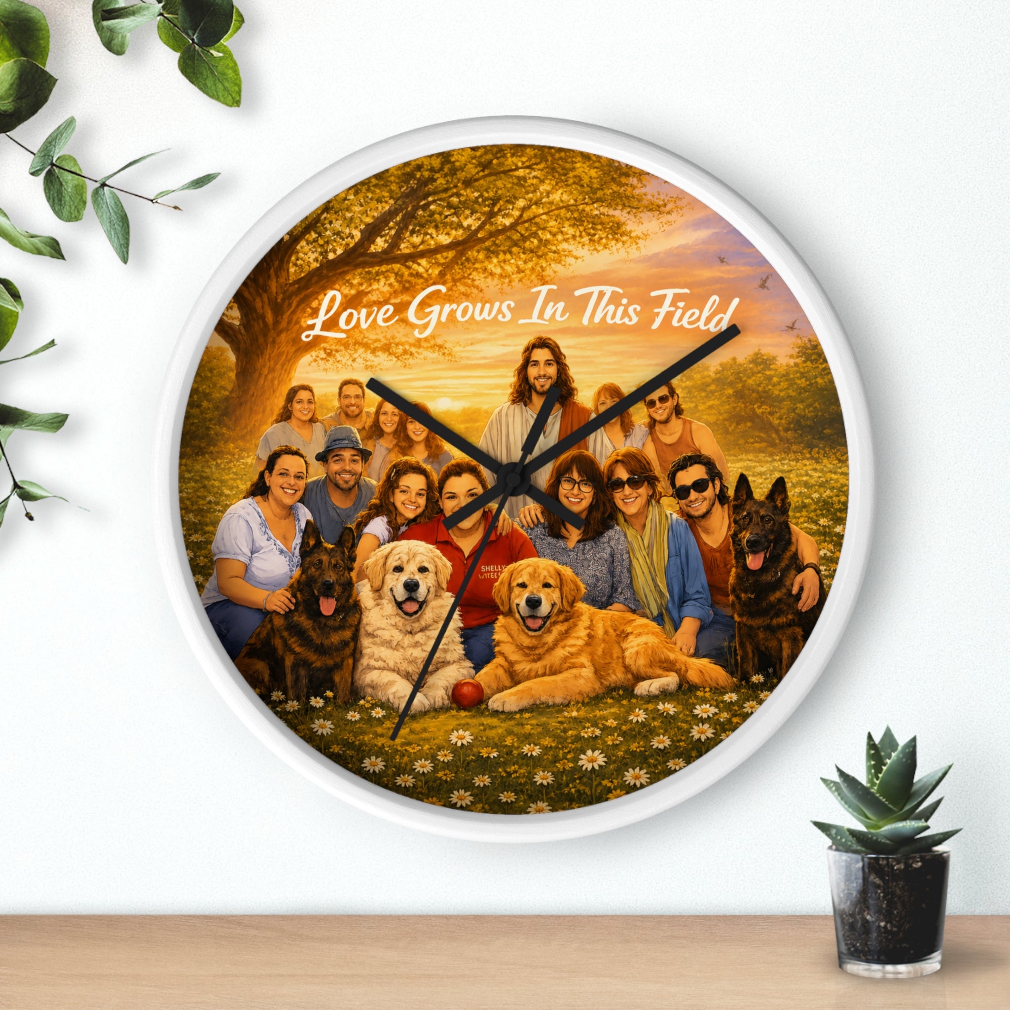 Wall Clock - "Love Grows In This Field" Religious Family & Pets Decorative Clock