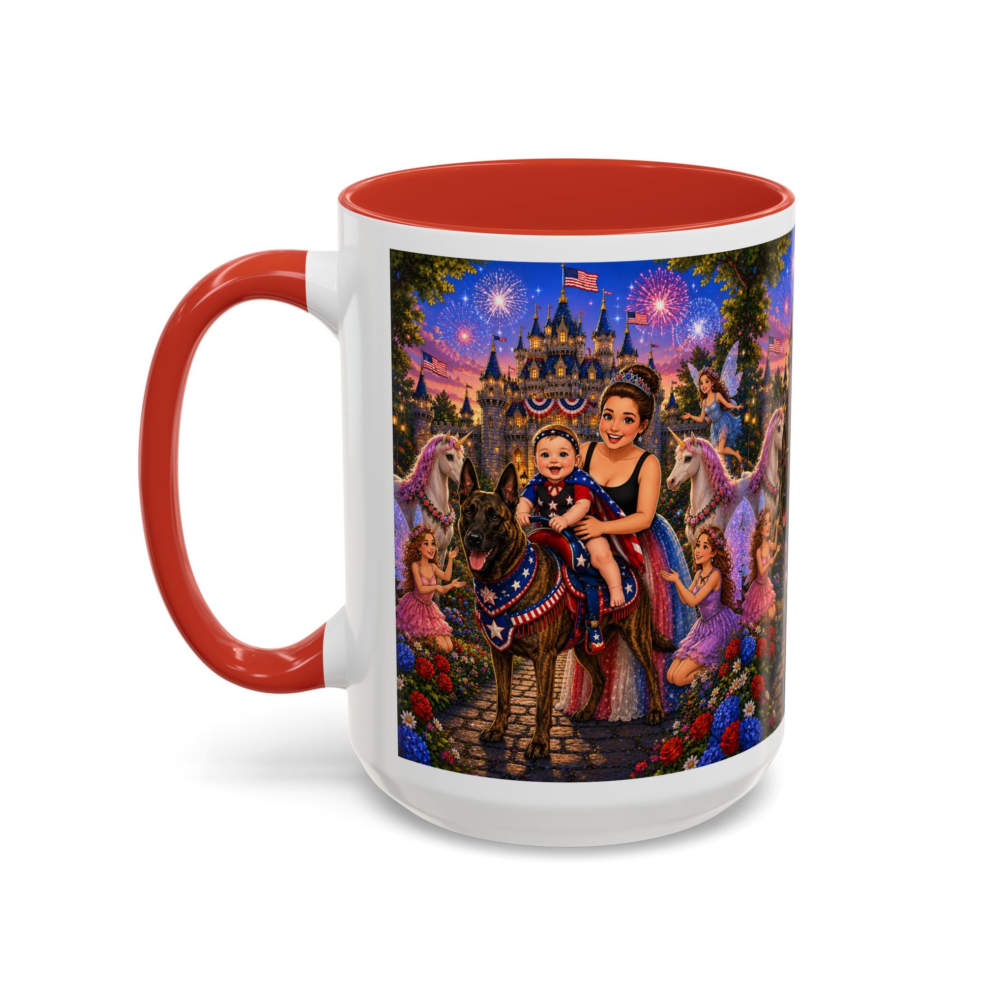 Patriotic Fairy Tale Coffee Mug — Family Castle, Fireworks & Unicorns