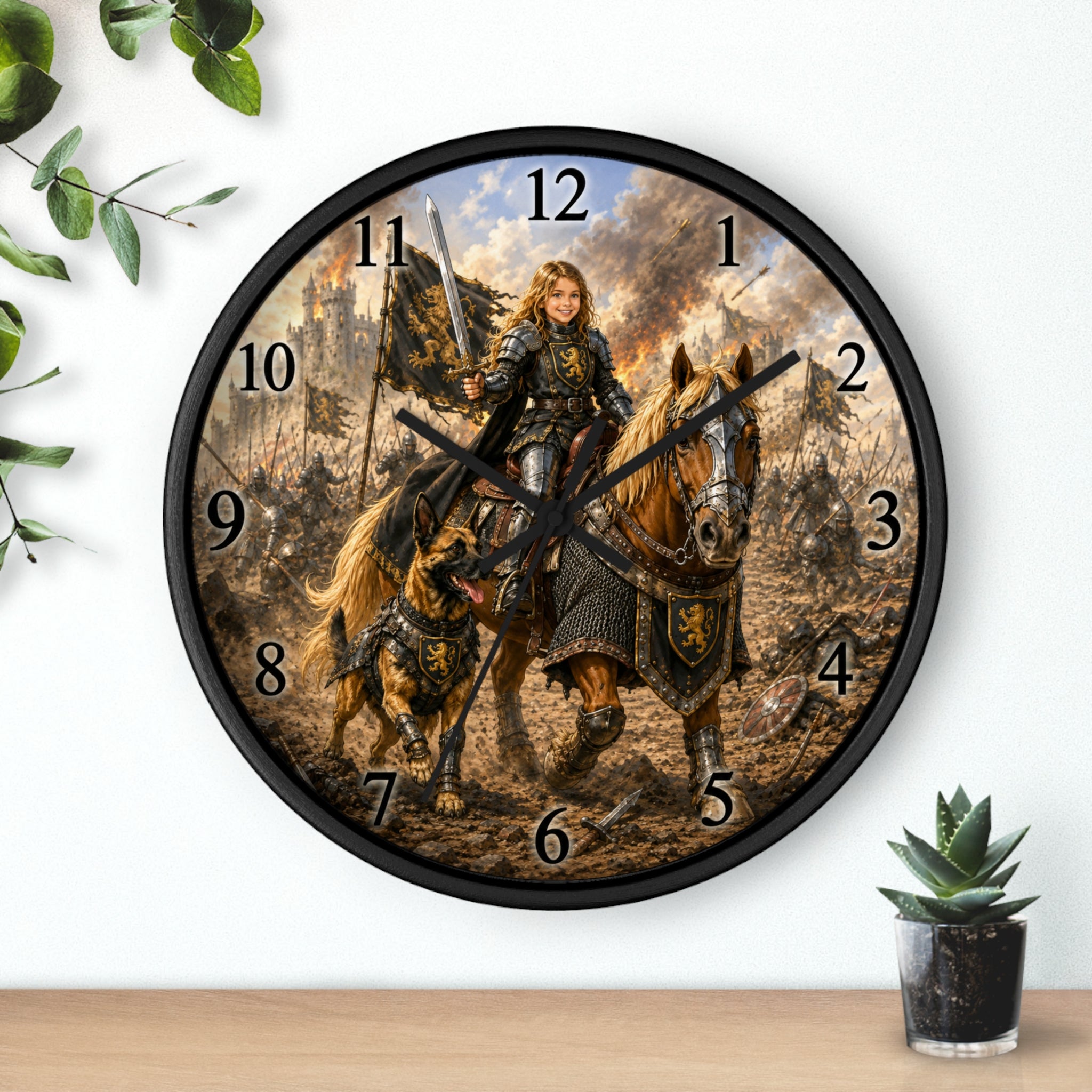 Medieval Knight Wall Clock — Fantasy Horseback Girl Warrior Battle Scene