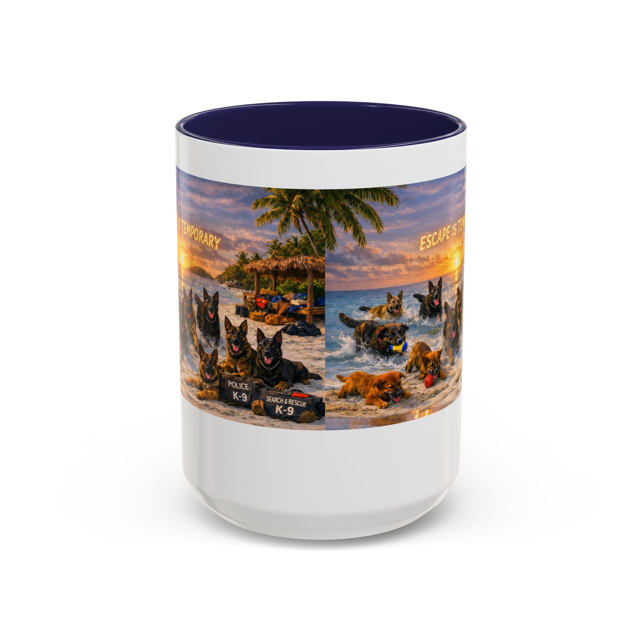 Dutch Shepherd Beach Coffee Mug — "Escape Is Temporary" Accent Mug (11/15oz)
