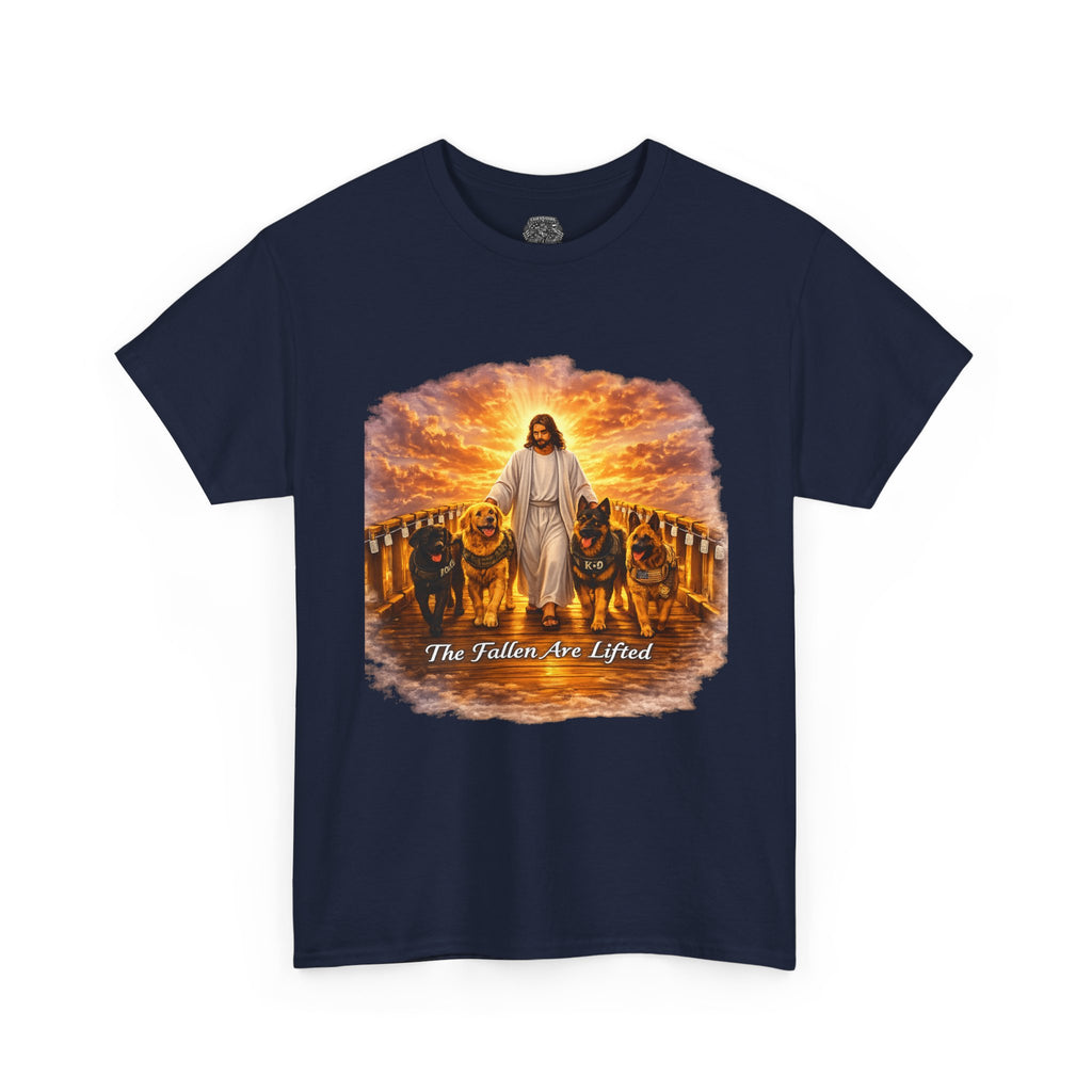 Jesus with Dogs T-Shirt — "The Fallen Are Lifted" Christian Faith Tee