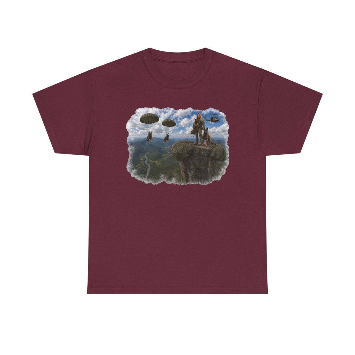 Fantasy Adventure T-Shirt — Warrior on Cliff with Airship Sky Scene