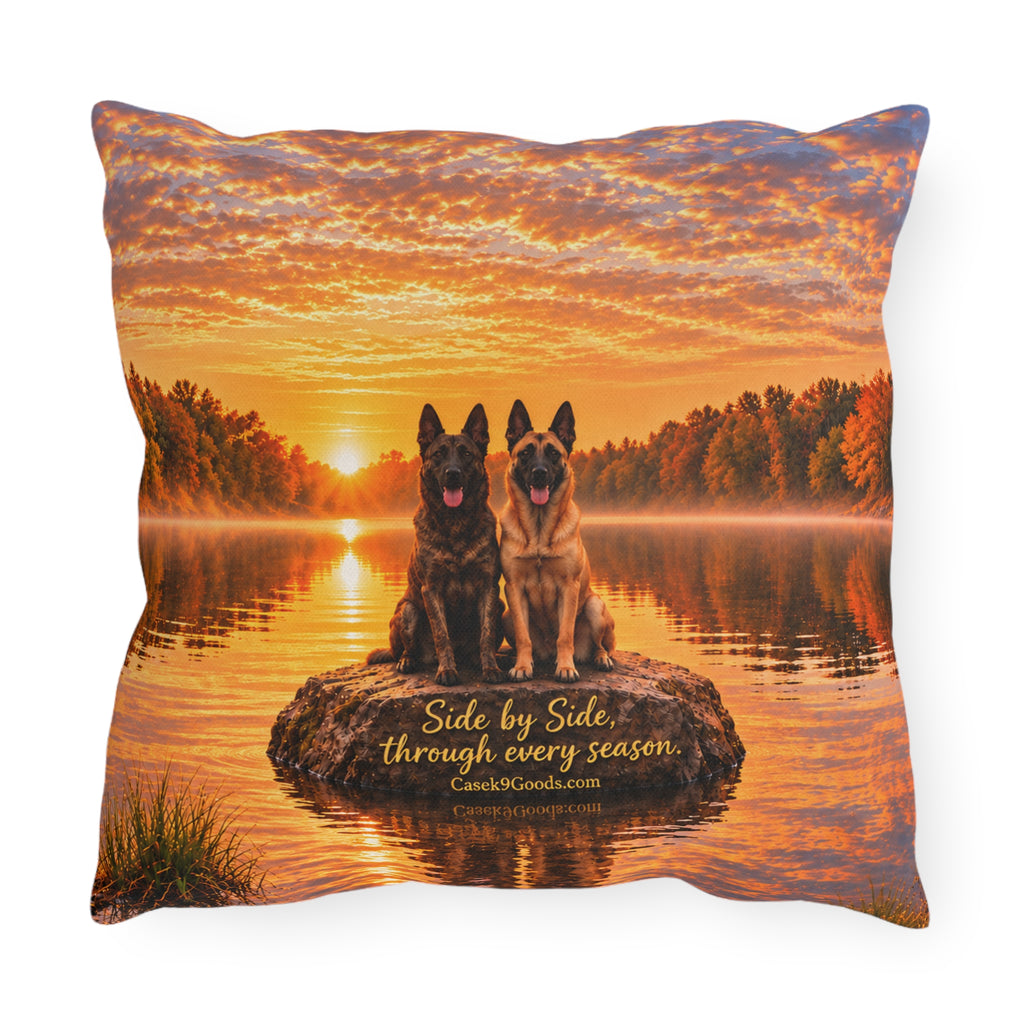 Dutch Shepherd & Belgian Malinois Outdoor Pillow – “Side by Side Through Every Season” Sunset Lake Decor