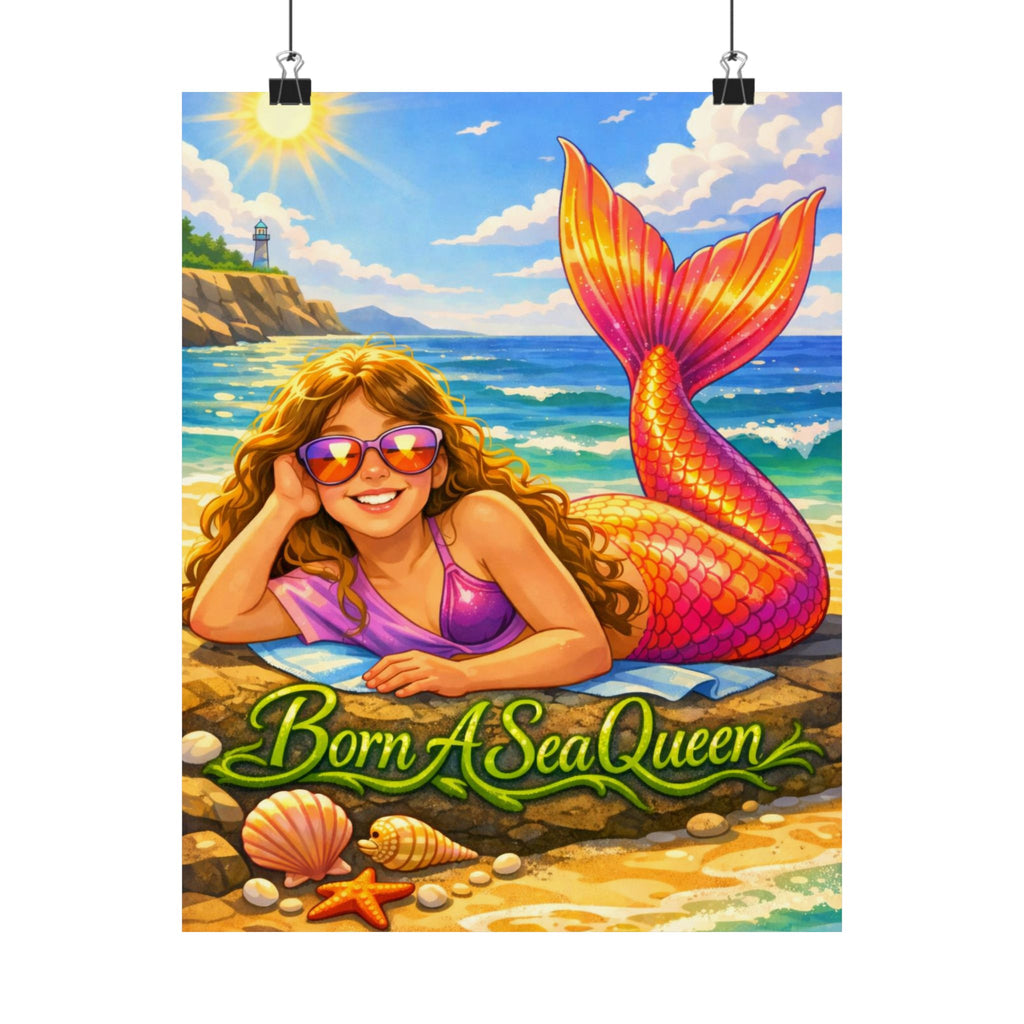 Born A Sea Queen Satin Poster — Colorful Mermaid Beach Art Print
