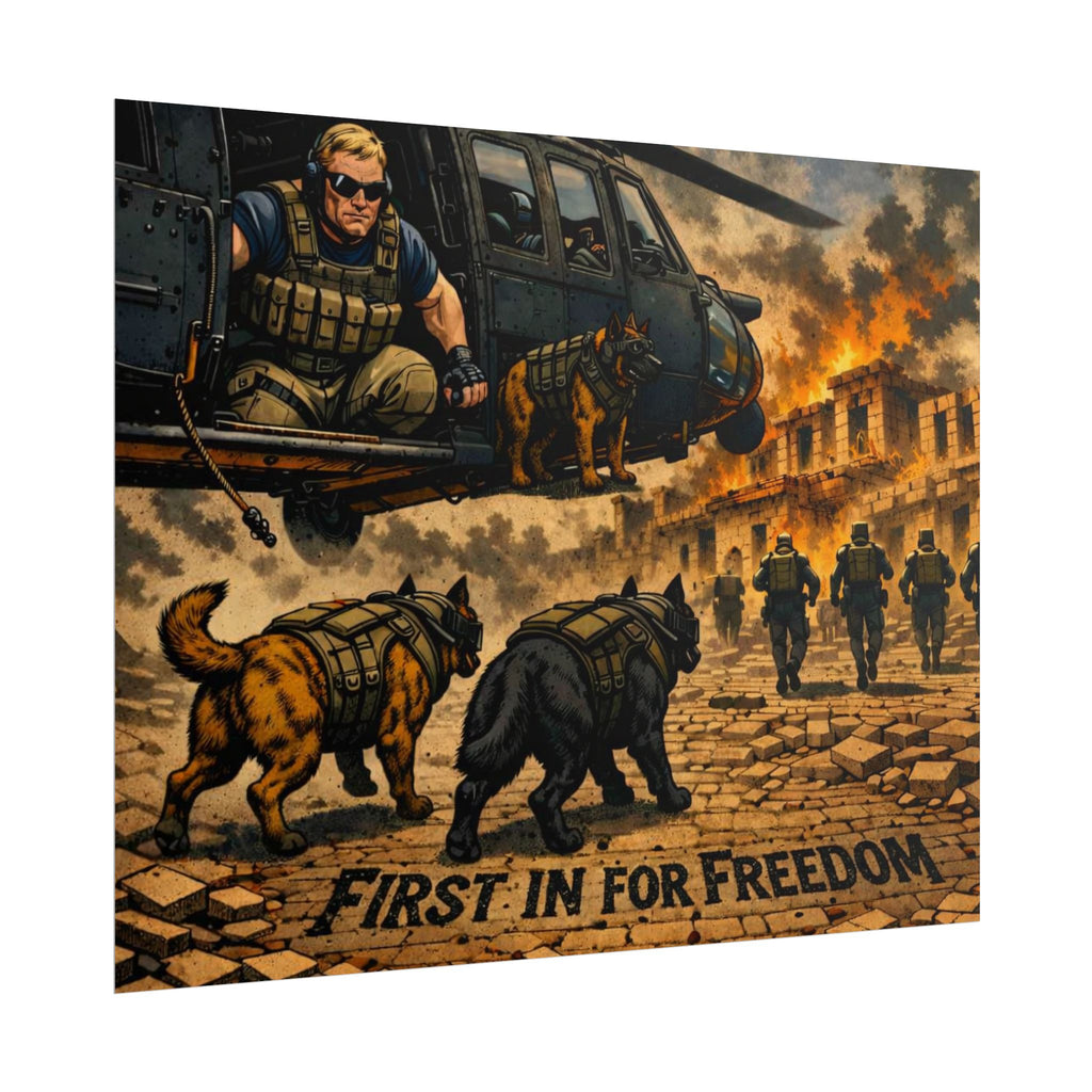 Rolled Poster — "First In For Freedom" Military K9 Helicopter Wall Art