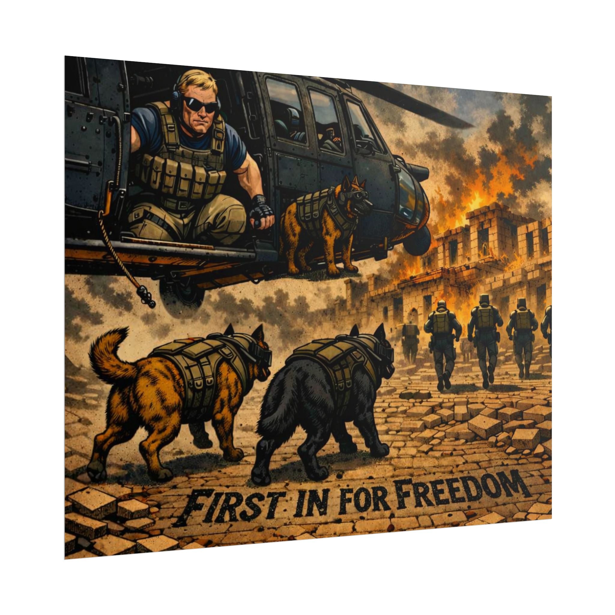 Rolled Poster — "First In For Freedom" Military K9 Helicopter Wall Art