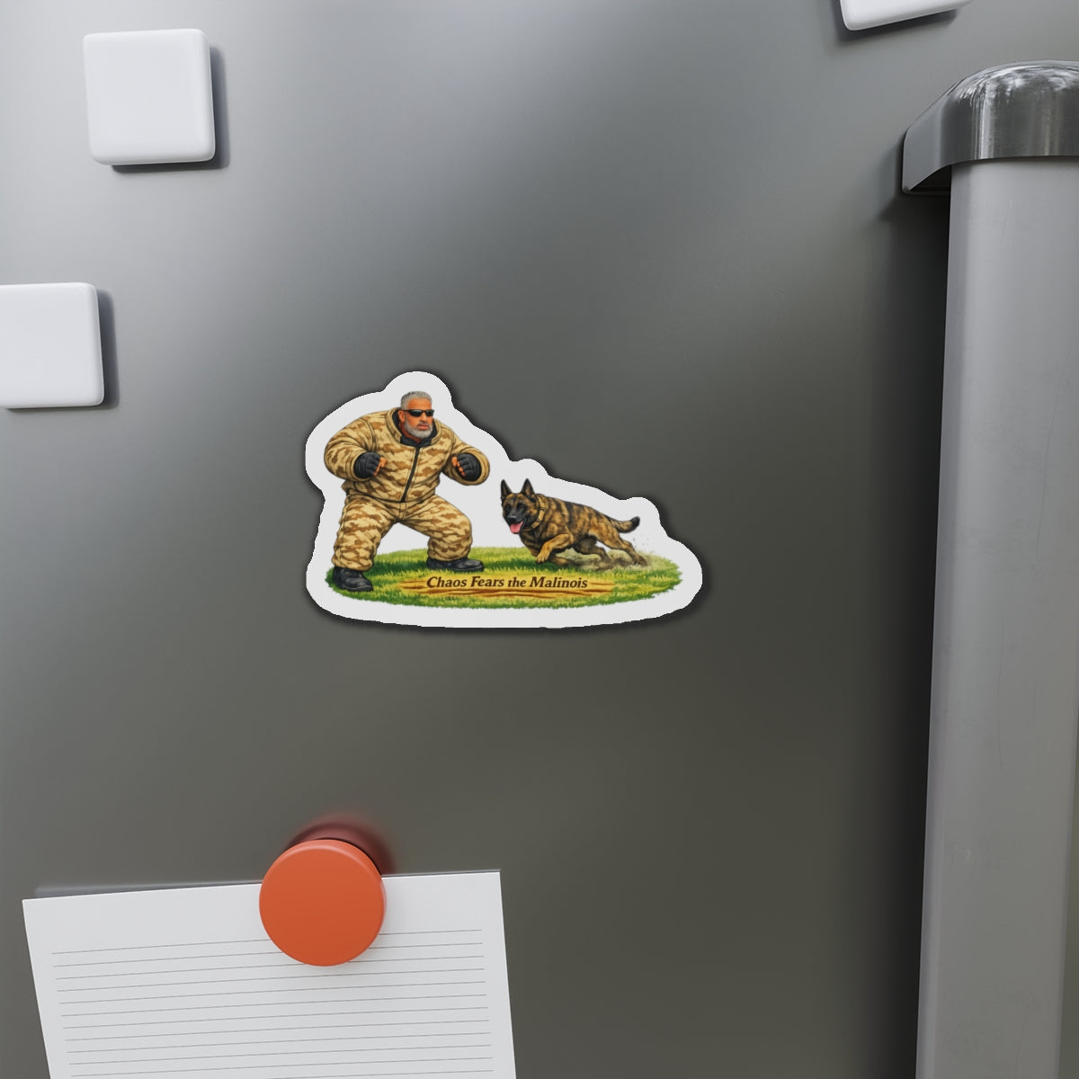 K9 Training Magnet — "Chaos Fears the Malinois" Die-Cut Refrigerator Magnet