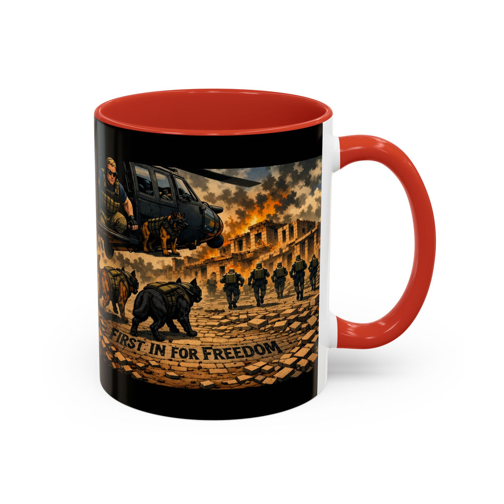 Military K9 Coffee Mug — 'First In for Freedom' Accent Ceramic Mug