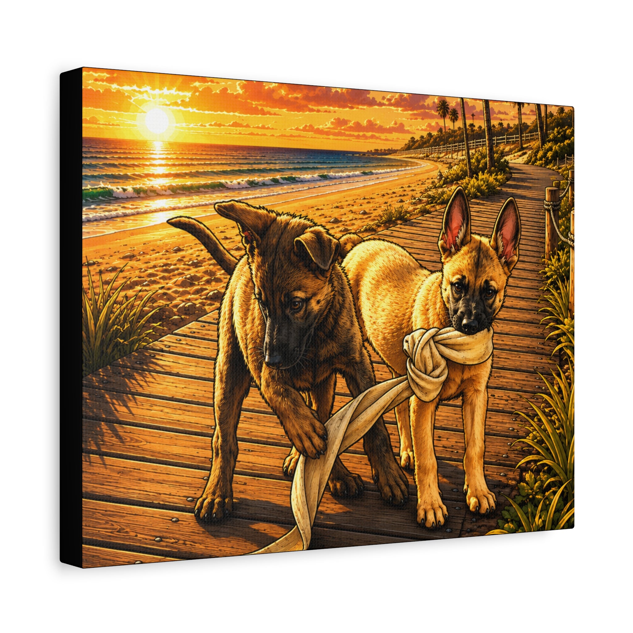 Malinois Puppies Playing on Sunset Beach Canvas
