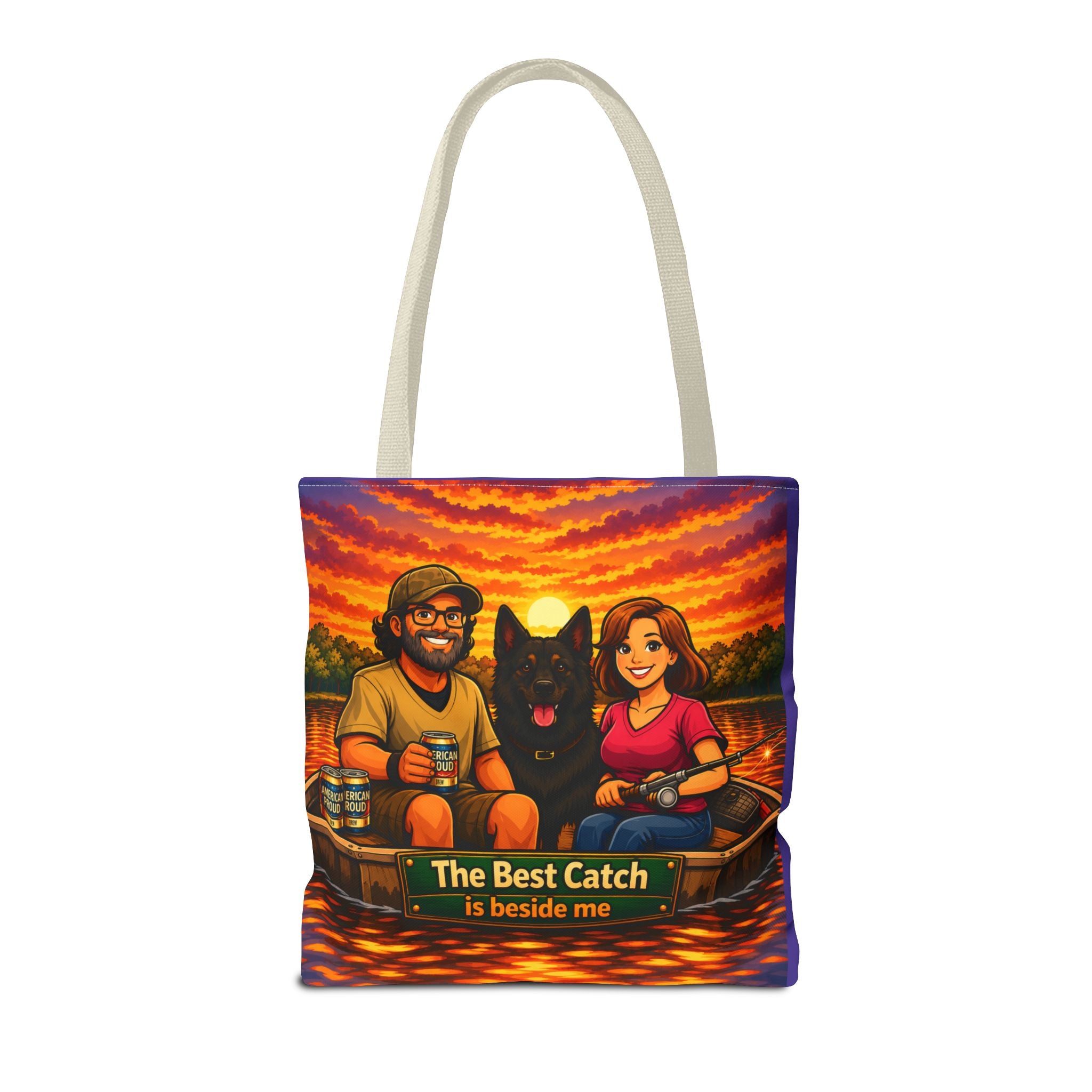 Tote Bag — "The Best Catch Is Beside Me" Fishing Couple & Dog Sunset Tote