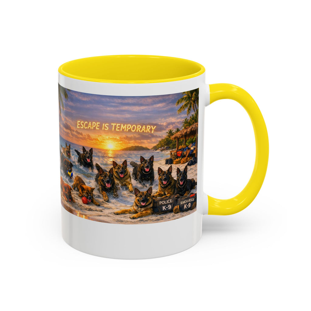 Dutch Shepherd Beach Coffee Mug — "Escape Is Temporary" Accent Mug (11/15oz)