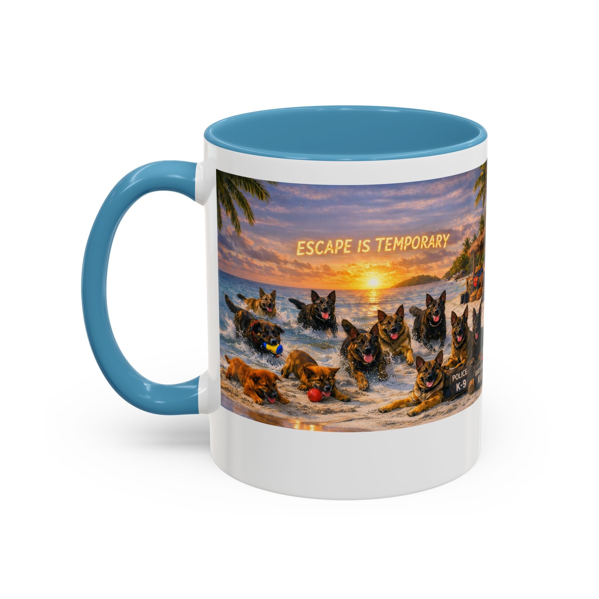 Dutch Shepherd Beach Coffee Mug — "Escape Is Temporary" Accent Mug (11/15oz)