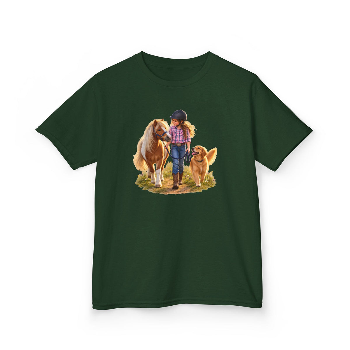 Kids Tee — Little Rider with Pony & Dog Illustration