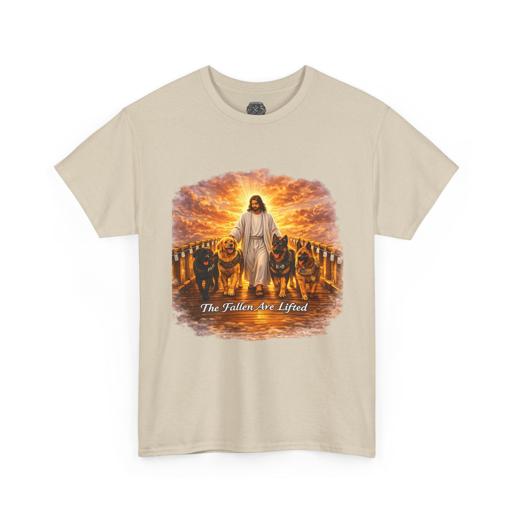 Jesus with Dogs T-Shirt — "The Fallen Are Lifted" Christian Faith Tee