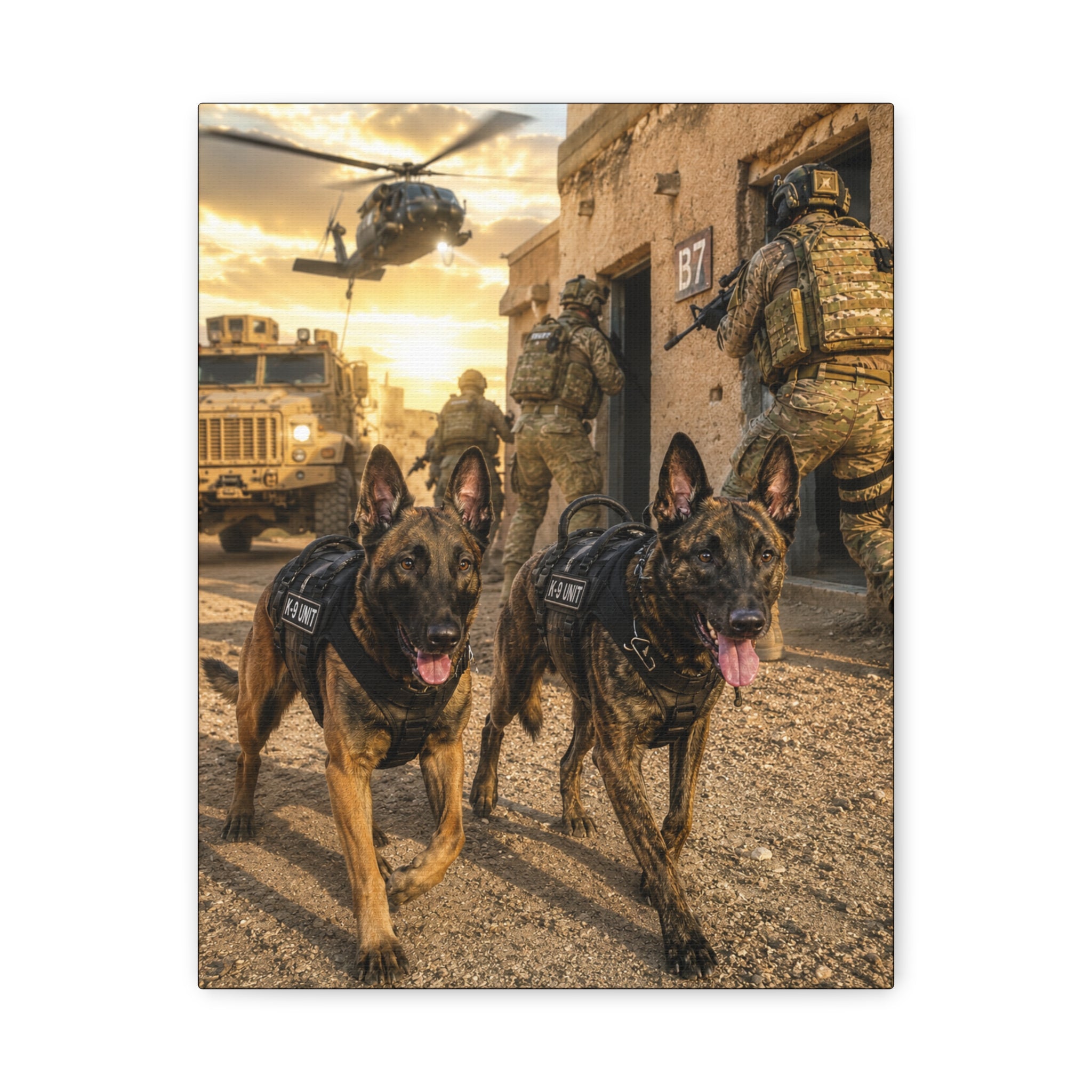Military Working Dogs Canvas Print — K9 Unit Action Matte Stretched Wall Art