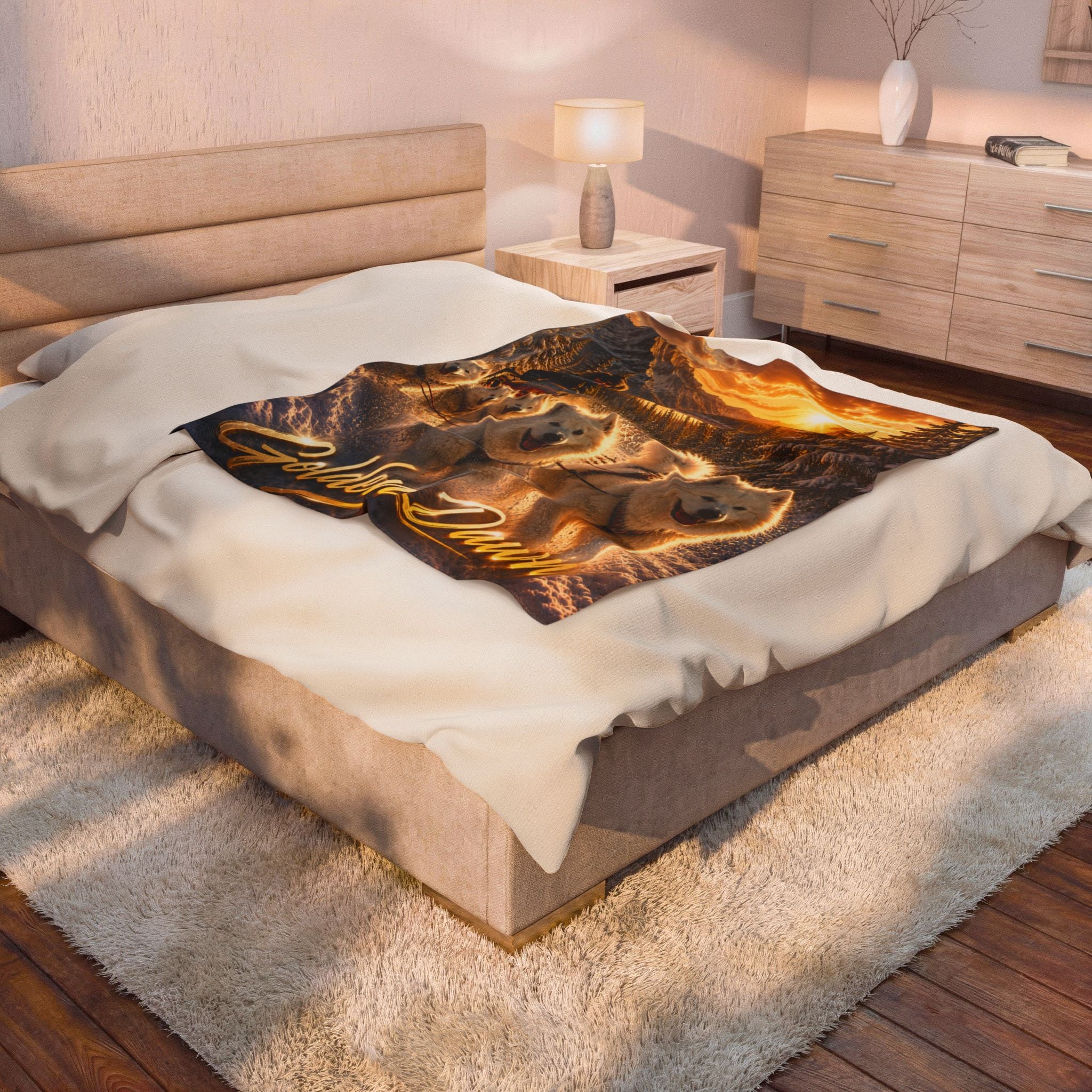 'Golden Dawn' Samoyed Sled Dogs Winter Scenic Throw-Velveteen Plush Blanket