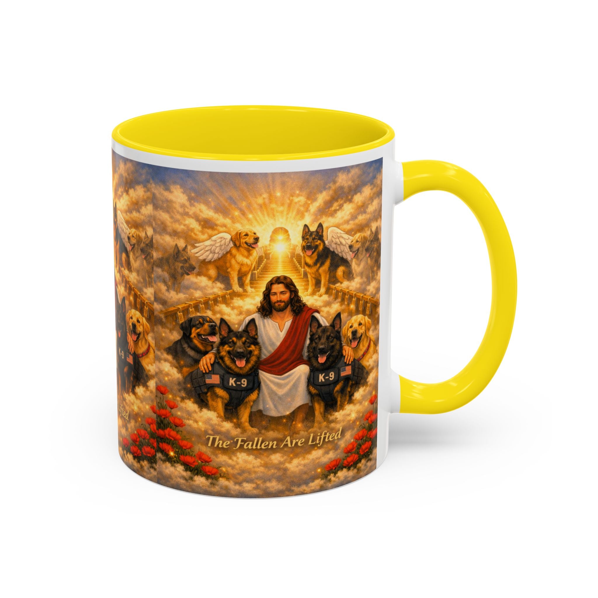 Christian Dog Memorial Coffee Mug — “The Fallen Are Lifted” Accent 11/15oz