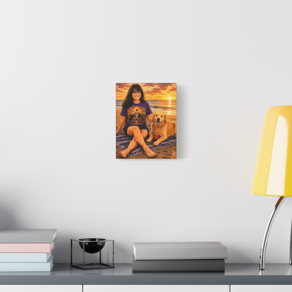 Sunset Beach Portrait Canvas — Women and Golden Retriever Photo Canvas