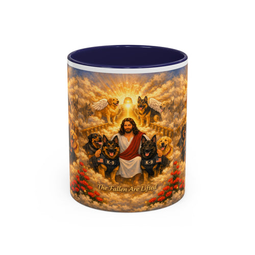 Christian Dog Memorial Coffee Mug — “The Fallen Are Lifted” Accent 11/15oz