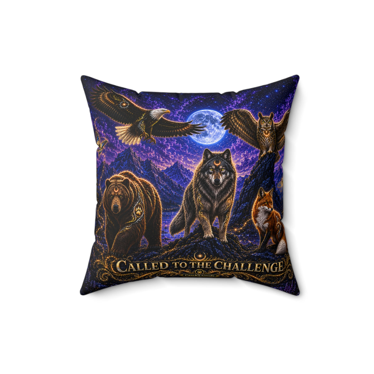 Called to the Challenge Wildlife Moon Pillow — Wolf, Bear & Owl Nature Throw Pillow