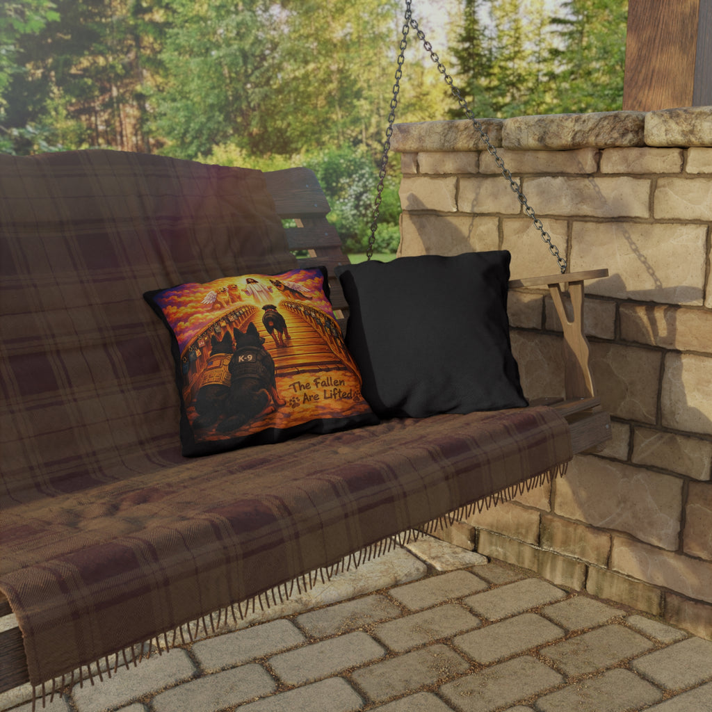 Memorial K-9 Outdoor Pillow — "The Fallen Are Lifted" Dog Tribute Cushion